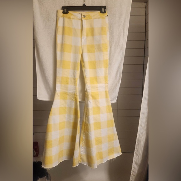 Free People Denim - Free People We the Free Yellow and White Checkered Float On Flare Jeans 26